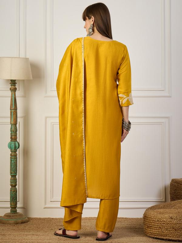 VP 9771 Y Yellow Embroidery Silk Straight Kurta With Trousers & Dupatta Sets
